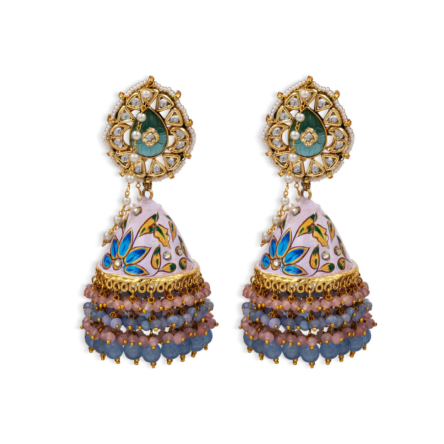 Pastel Pink & Blue Meenakari Jhumkas – Hand-Painted Lotus Design