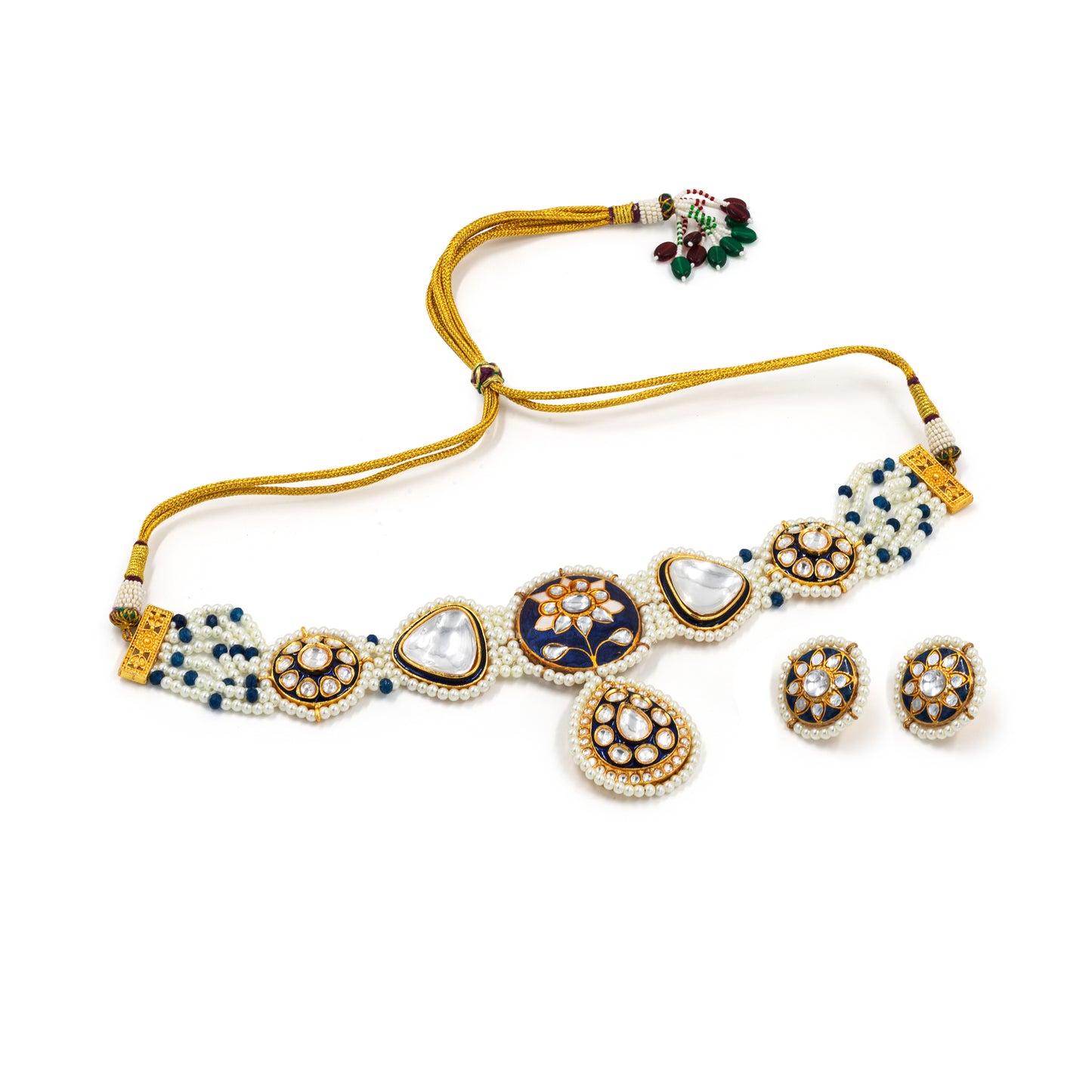 Royal Blue Kundan Pearl Choker Set – Enamel Lotus Centerpiece