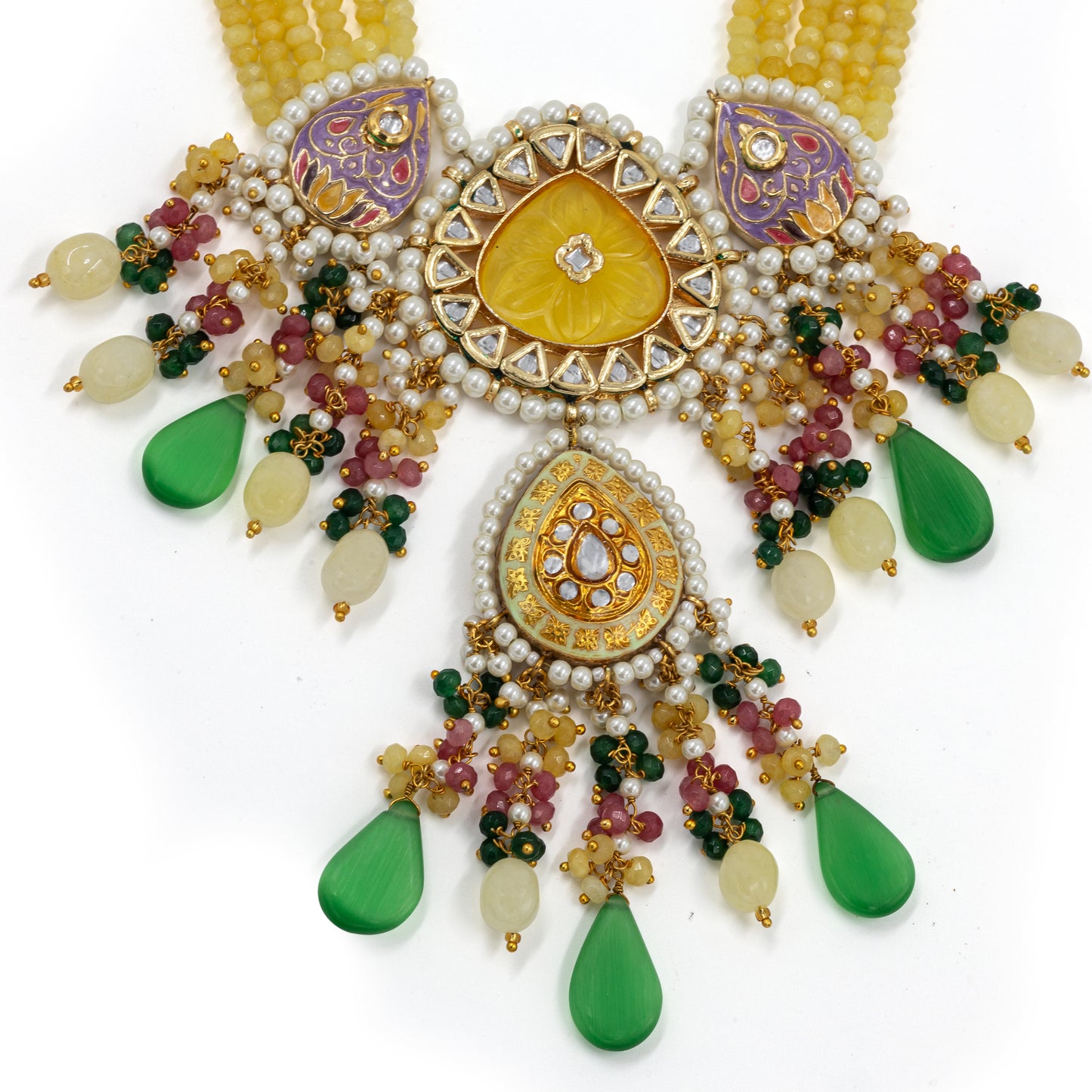 Sunshine Yellow Meenakari Kundan Necklace Set – Multi-Colored Bead Drops