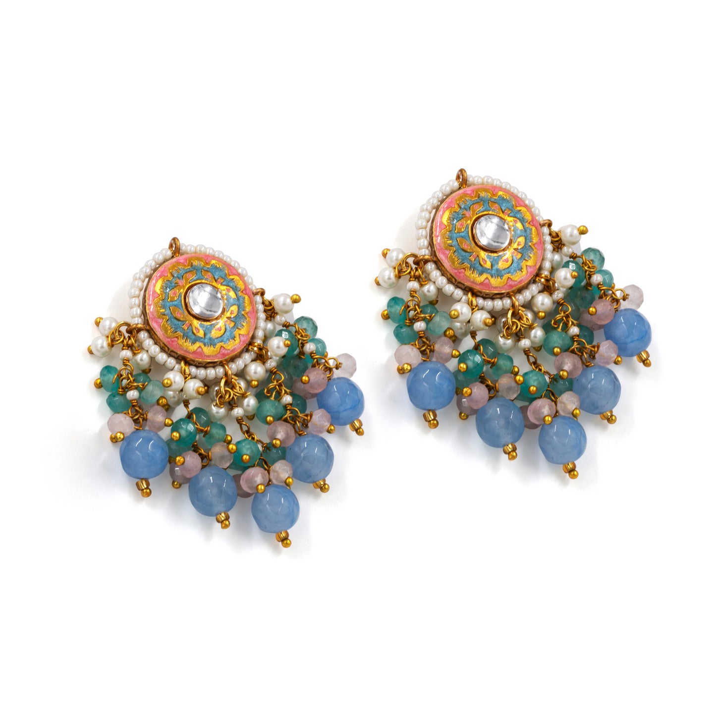 Sky Blue Meenakari Earrings ā Kundan Center with Multicolor Beads
