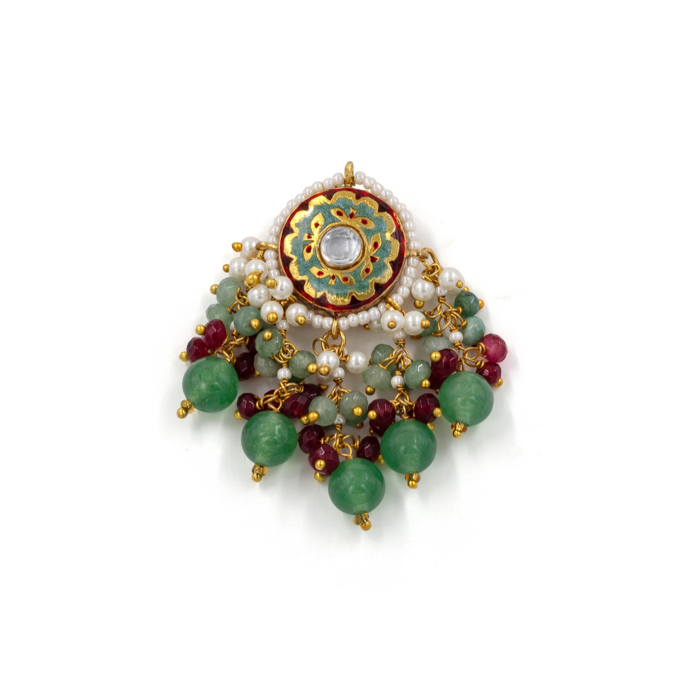 Green Meenakari Stud Earrings β Kundan Center with Pearl & Bead Drops