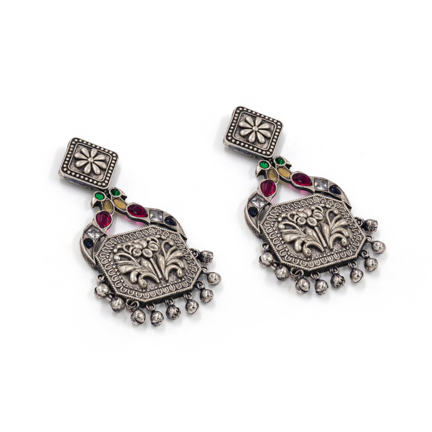 Oxidized Silver Temple Earrings – Peacock Motif with Multicolor Stones