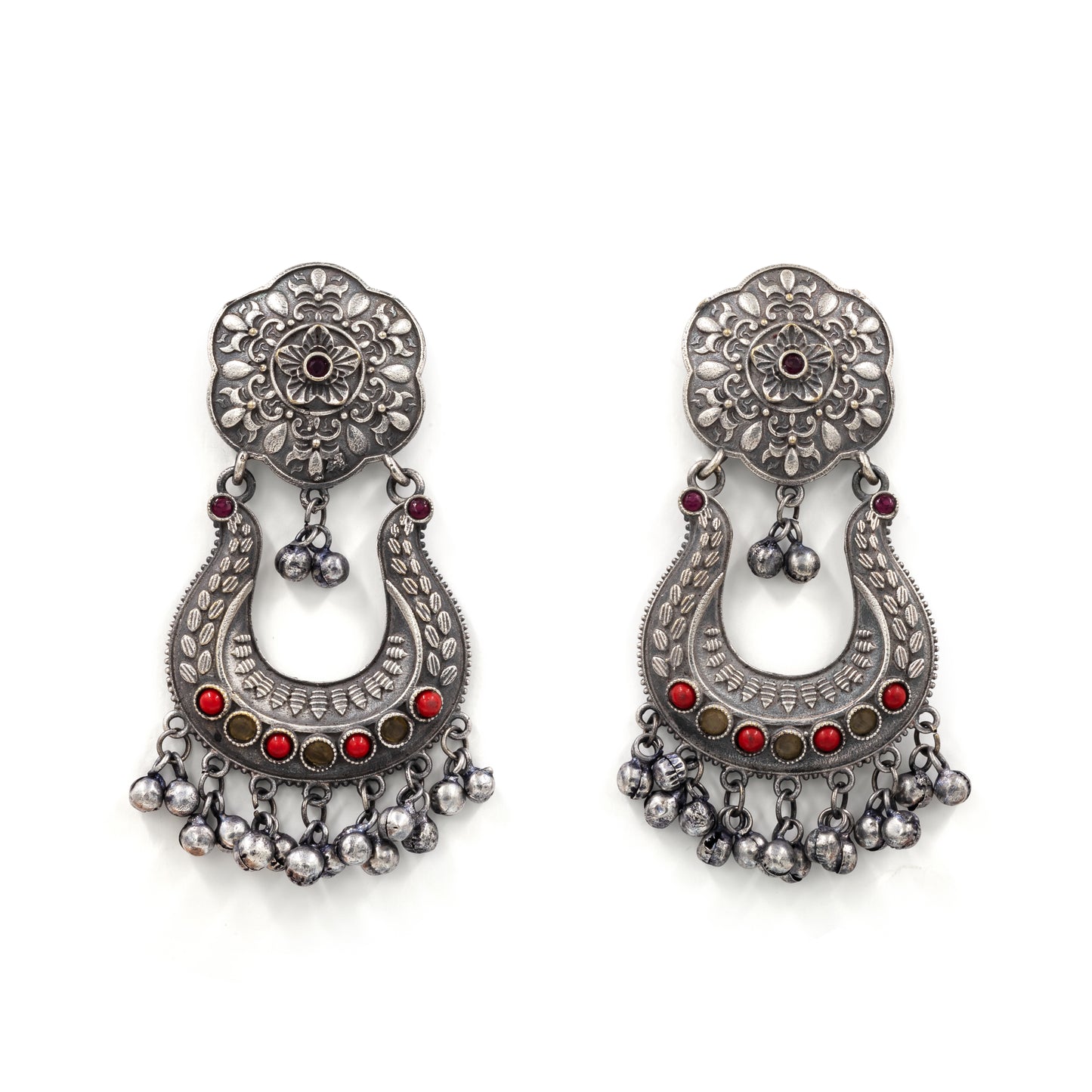 Oxidized Amrapali-Style Crescent Earrings ā Red Inlay with Ghungroo Drops