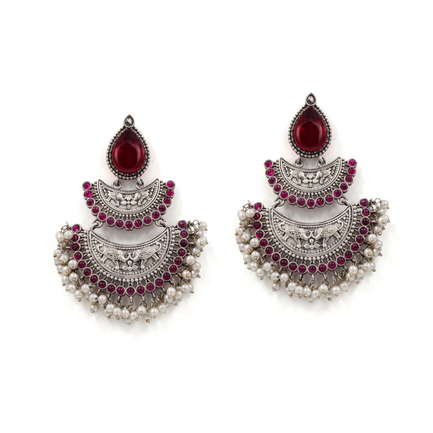 Oxidized Silver Chandbali Earrings – Red Stone & Pearl Fringe