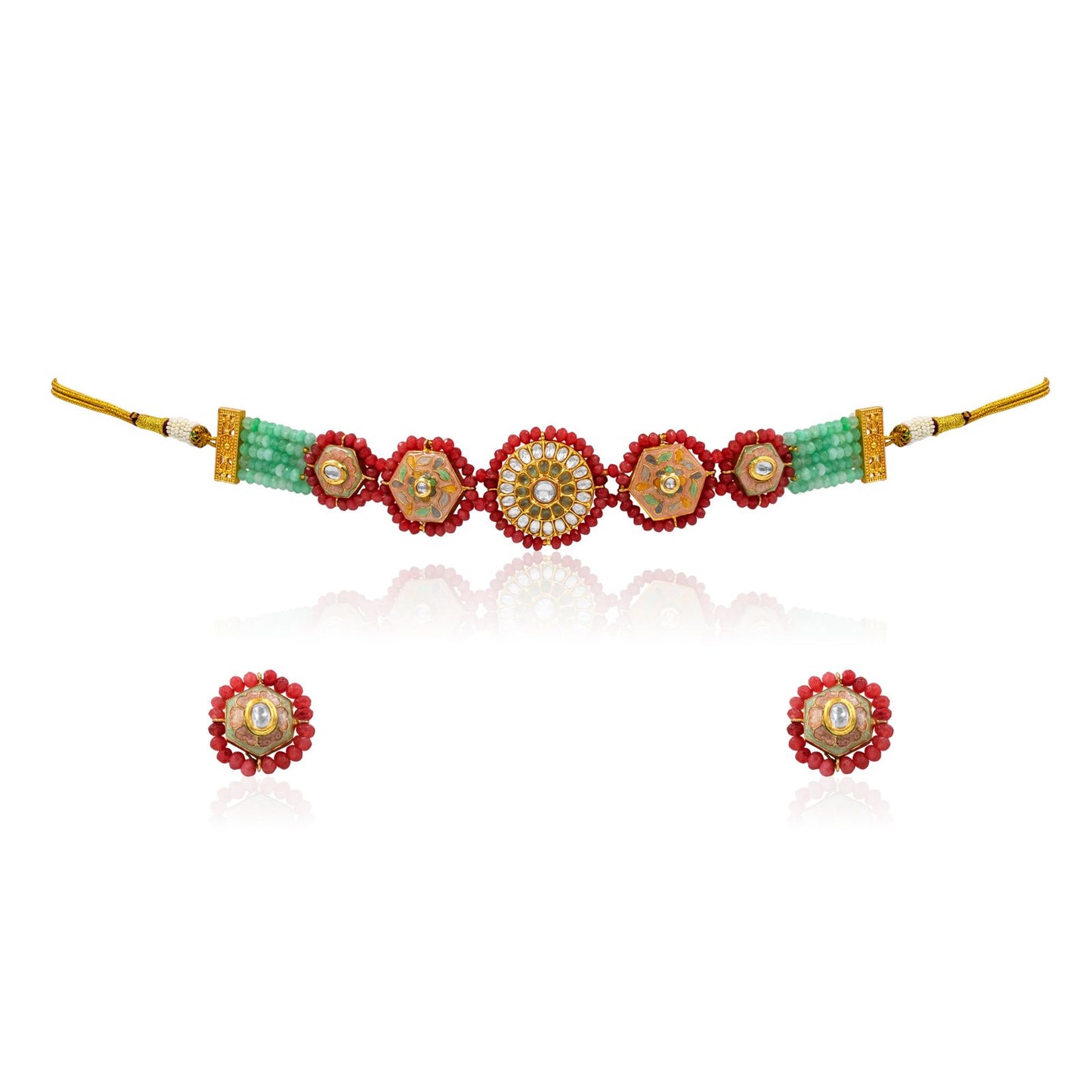 Multicolor Polki Meenakari Choker Set – Red Coral & Mint Beads