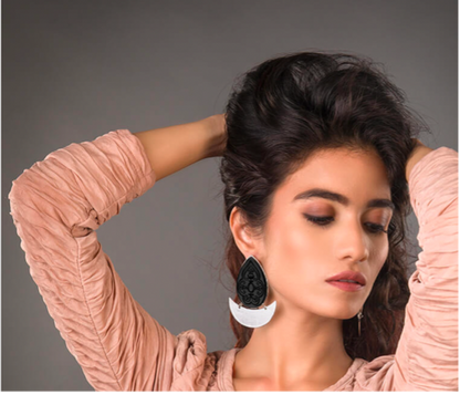 Black Onyx Teardrop Earrings – Silver-Toned Crescent Studs