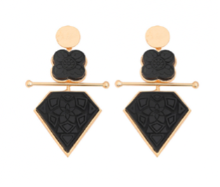 Black Onyx Geometric Earrings – Gold-Plated Floral & Diamond Design
