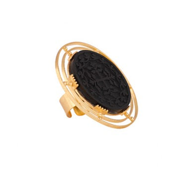 Black Onyx Engraved Statement Ring – Gold-Plated Adjustable Cocktail Ring