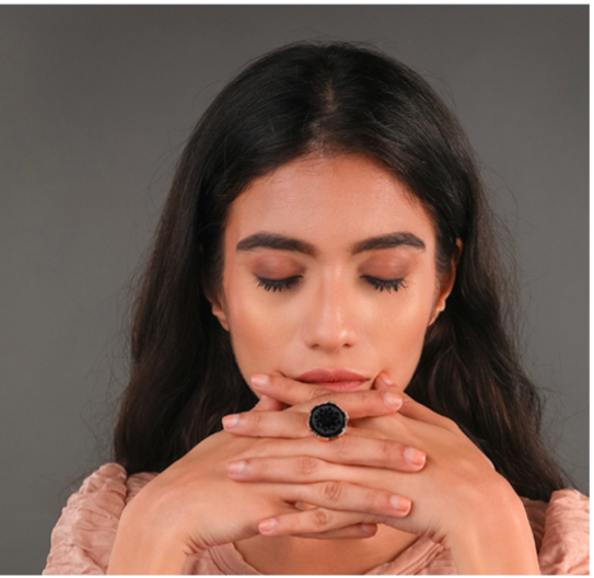 Black Onyx Engraved Ring – Silver-Toned Adjustable Band