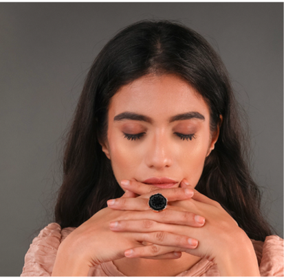 Black Onyx Engraved Ring – Silver-Toned Adjustable Band