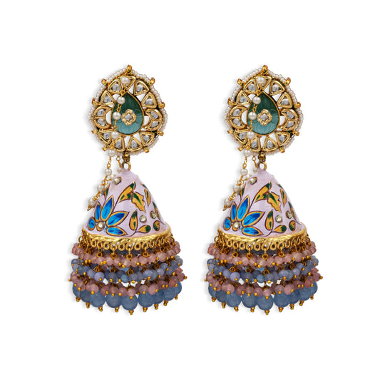 Pastel Pink & Blue Meenakari Jhumkas – Hand-Painted Lotus Design