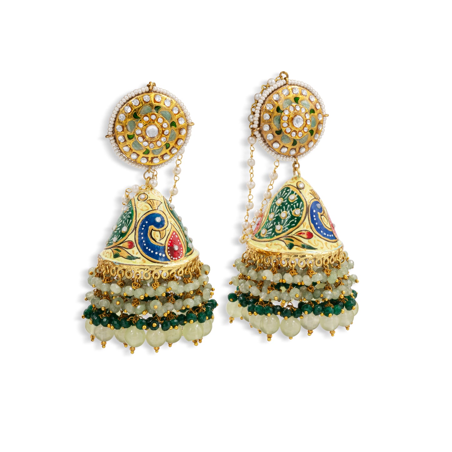Hand-Painted Kundan Jhumkas – Royal Meenakari with Pearl & Bead Tassels