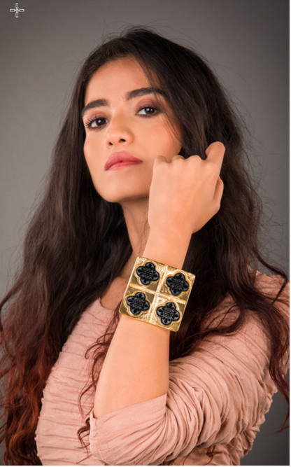 Black Onyx Floral Cuff – Gold-Plated Square Statement Bracelet