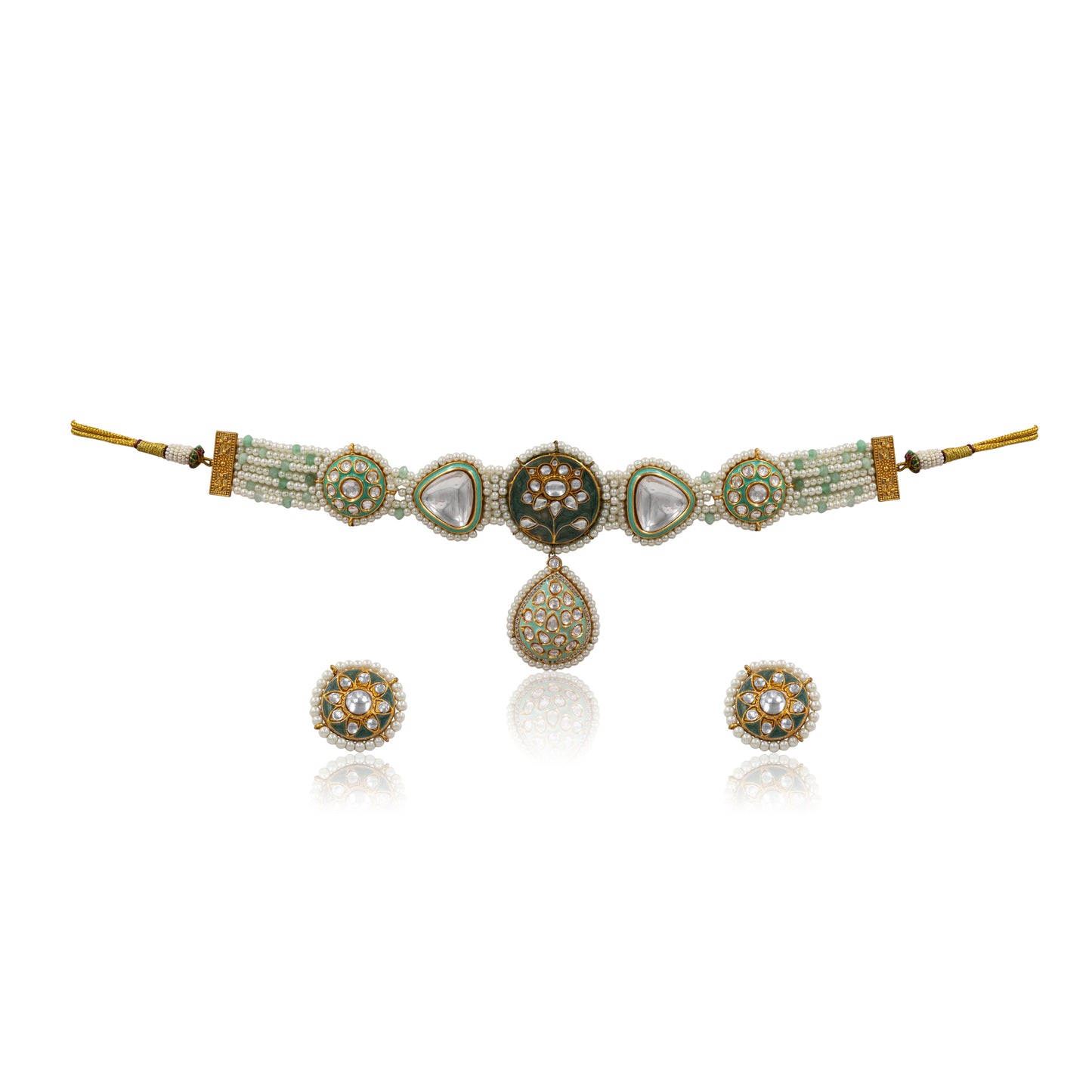 Mint Green Kundan Pearl Choker Set – Hand-Painted Lotus with Polki Sparkle