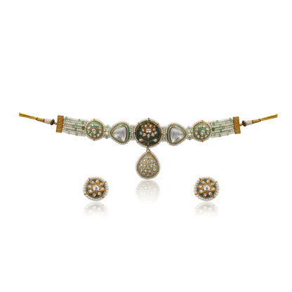 Mint Green Kundan Pearl Choker Set – Hand-Painted Lotus with Polki Sparkle
