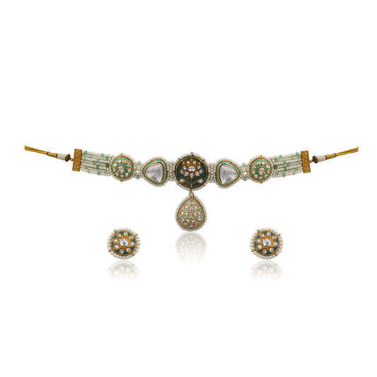 Mint Green Kundan Pearl Choker Set – Hand-Painted Lotus with Polki Sparkle