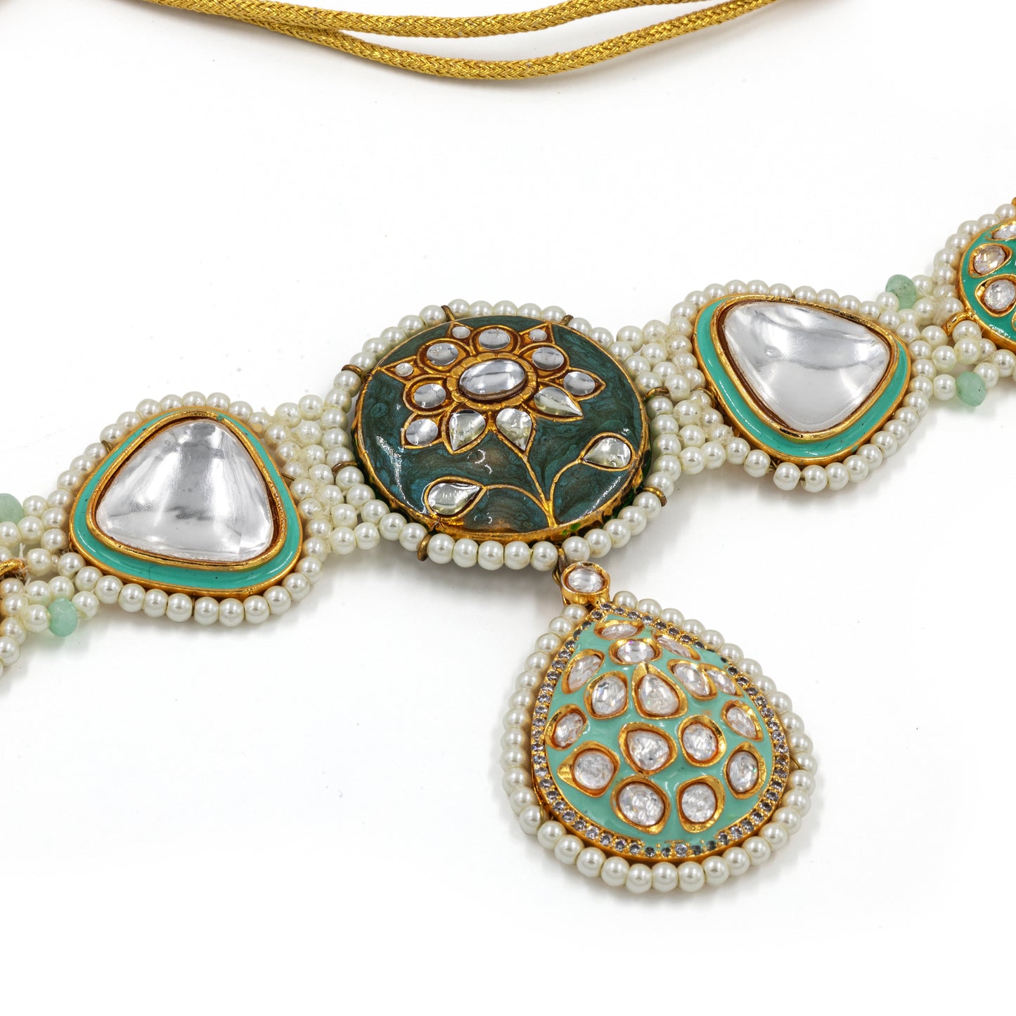 Mint Green Kundan Pearl Choker Set – Hand-Painted Lotus with Polki Sparkle
