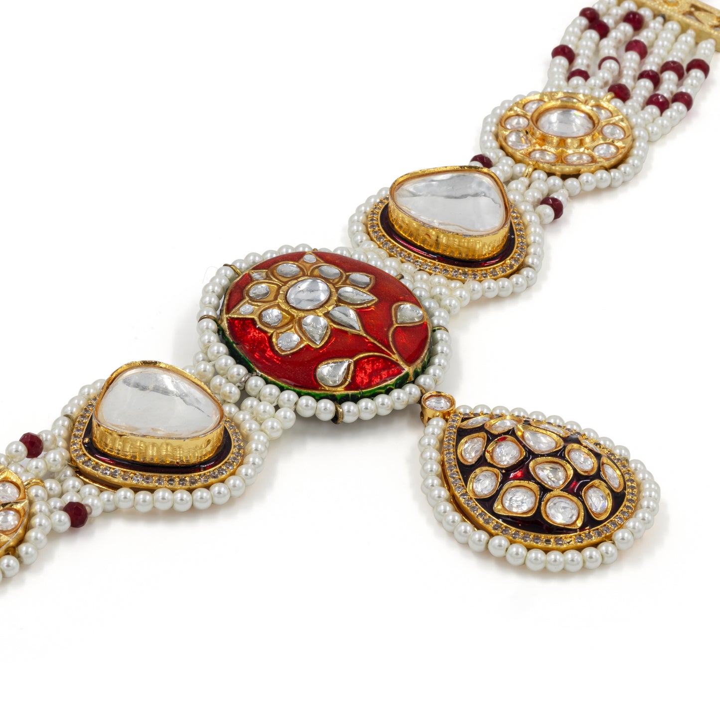 Ruby Red Kundan Pearl Choker Set – Enamel Lotus & Polki Drop