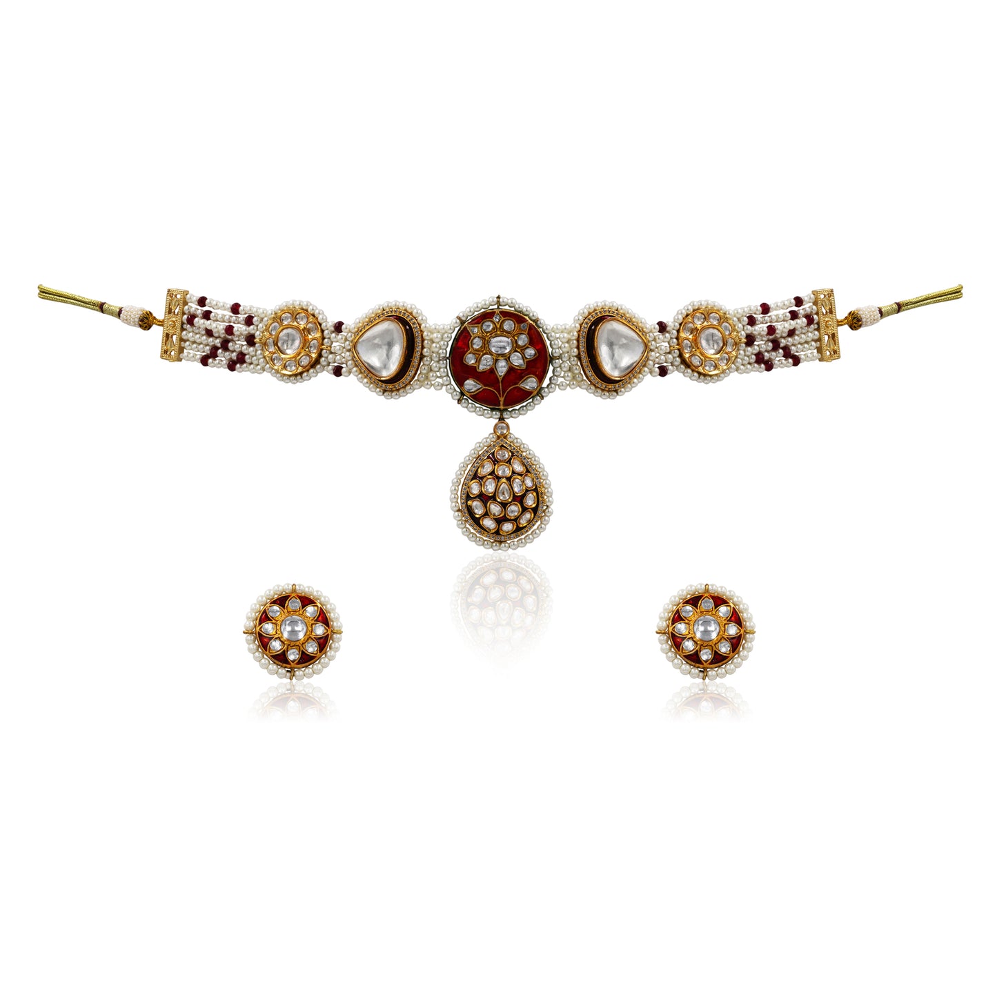 Ruby Red Kundan Pearl Choker Set – Enamel Lotus & Polki Drop