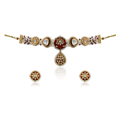 Ruby Red Kundan Pearl Choker Set – Enamel Lotus & Polki Drop