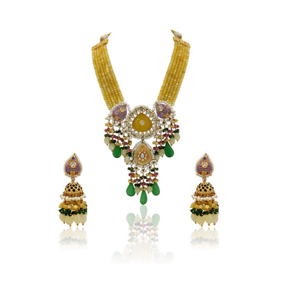 Sunshine Yellow Meenakari Kundan Necklace Set – Multi-Colored Bead Drops
