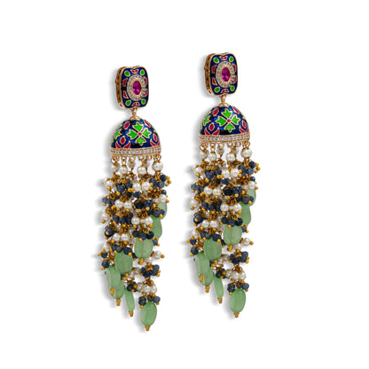 Meenakari Jhumka Earrings – Blue Green Beads & Pearl Tassels