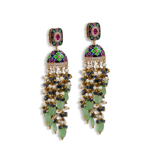 Meenakari Jhumka Earrings – Blue Green Beads & Pearl Tassels