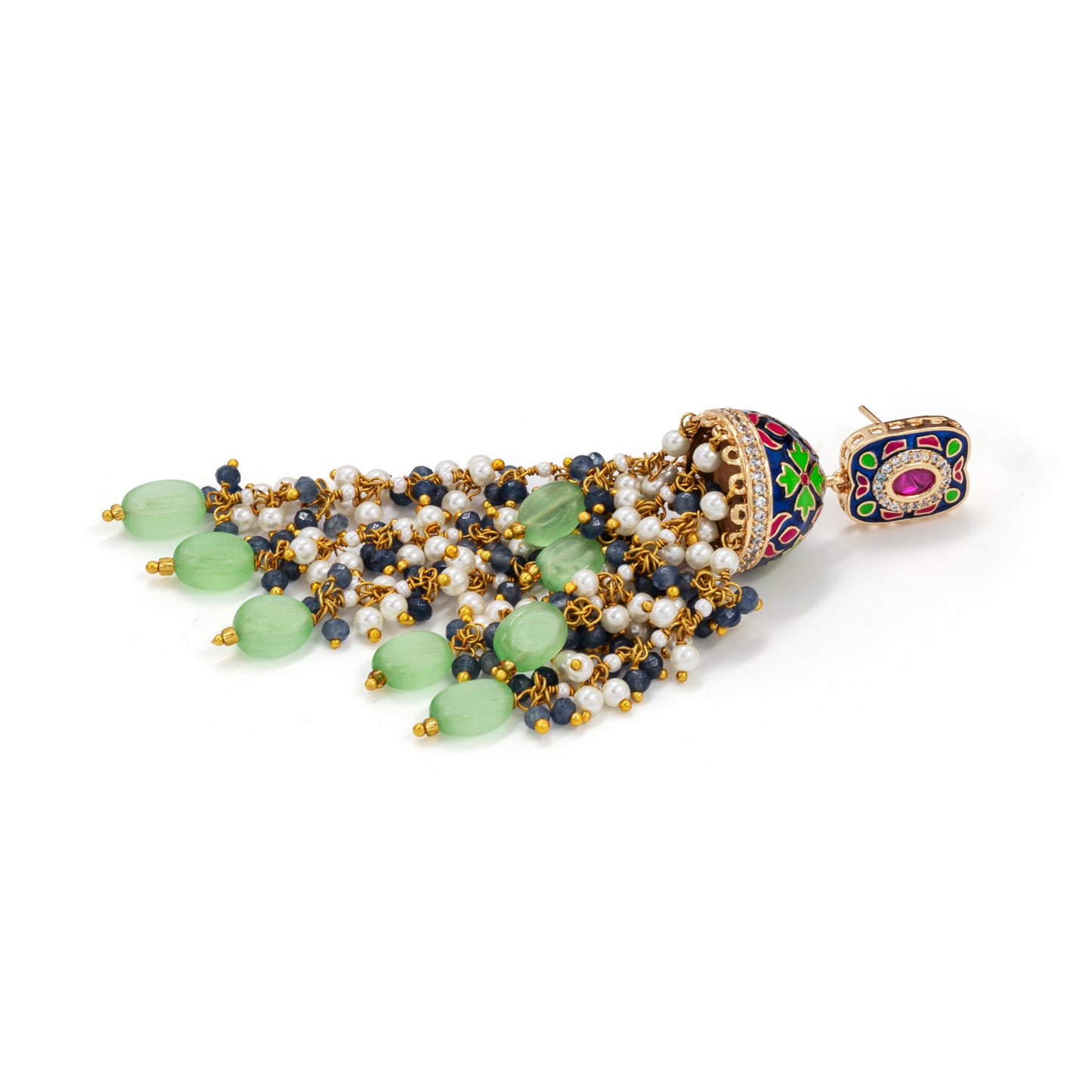 Meenakari Jhumka Earrings – Blue Green Beads & Pearl Tassels
