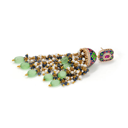 Meenakari Jhumka Earrings – Blue Green Beads & Pearl Tassels
