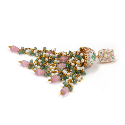 Pastel Pink & Green Meenakari Jhumka Earrings – Pearl & Bead Tassels