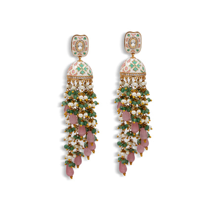 Pastel Pink & Green Meenakari Jhumka Earrings – Pearl & Bead Tassels