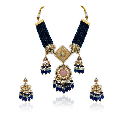 Royal Blue Meenakari Polki Necklace Set – Pearl & Pink Stone Center