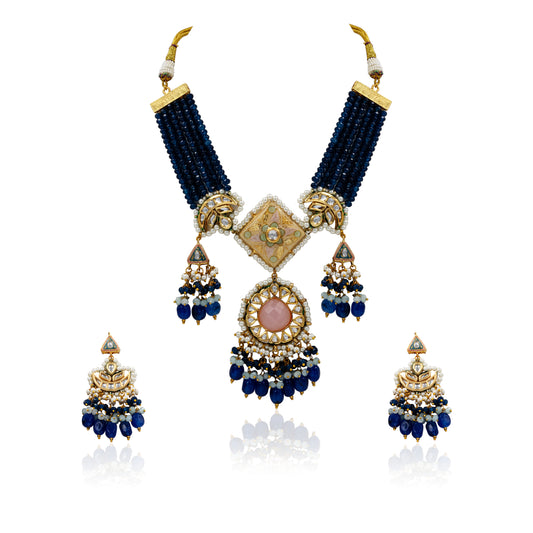 Royal Blue Meenakari Polki Necklace Set – Pearl & Pink Stone Center