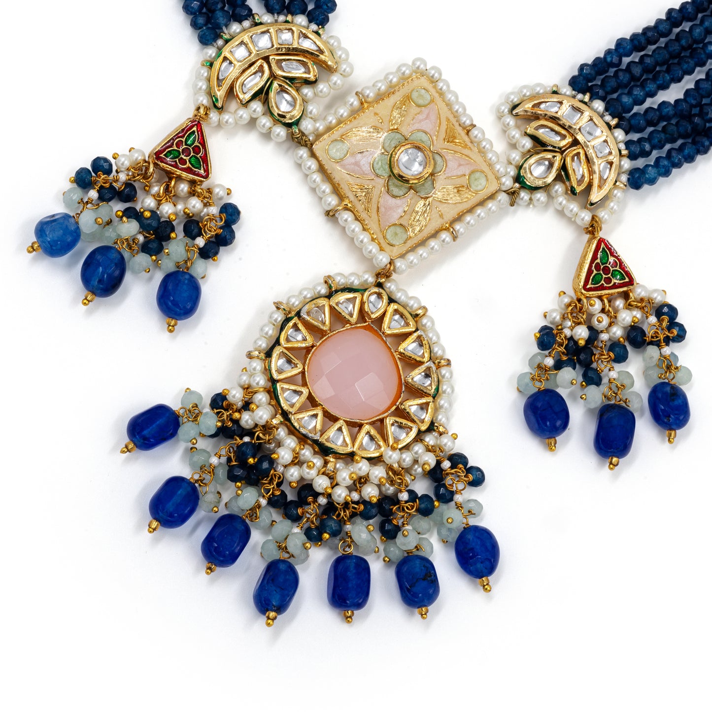 Royal Blue Meenakari Polki Necklace Set – Pearl & Pink Stone Center