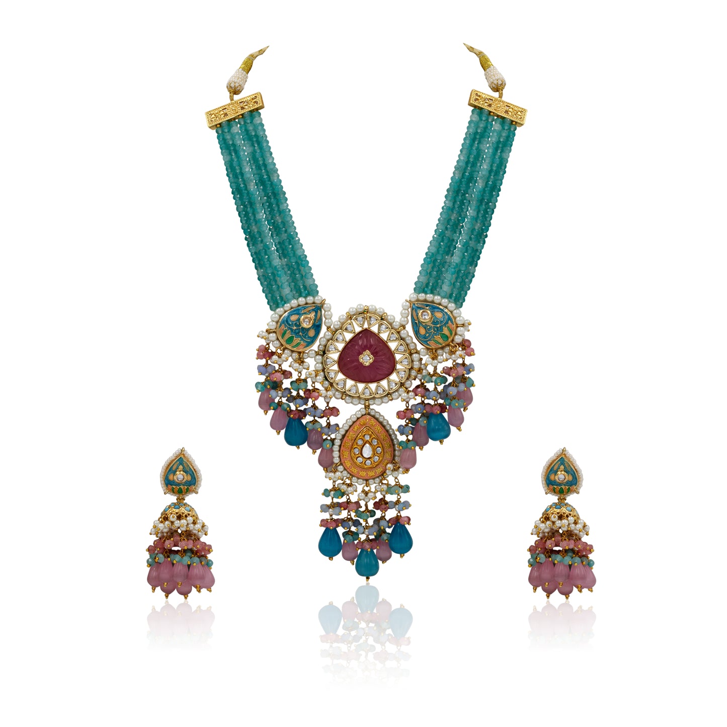 Teal Green Meenakari Polki Necklace Set – Pink & Blue Beaded Tassels