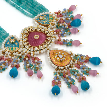 Teal Green Meenakari Polki Necklace Set – Pink & Blue Beaded Tassels