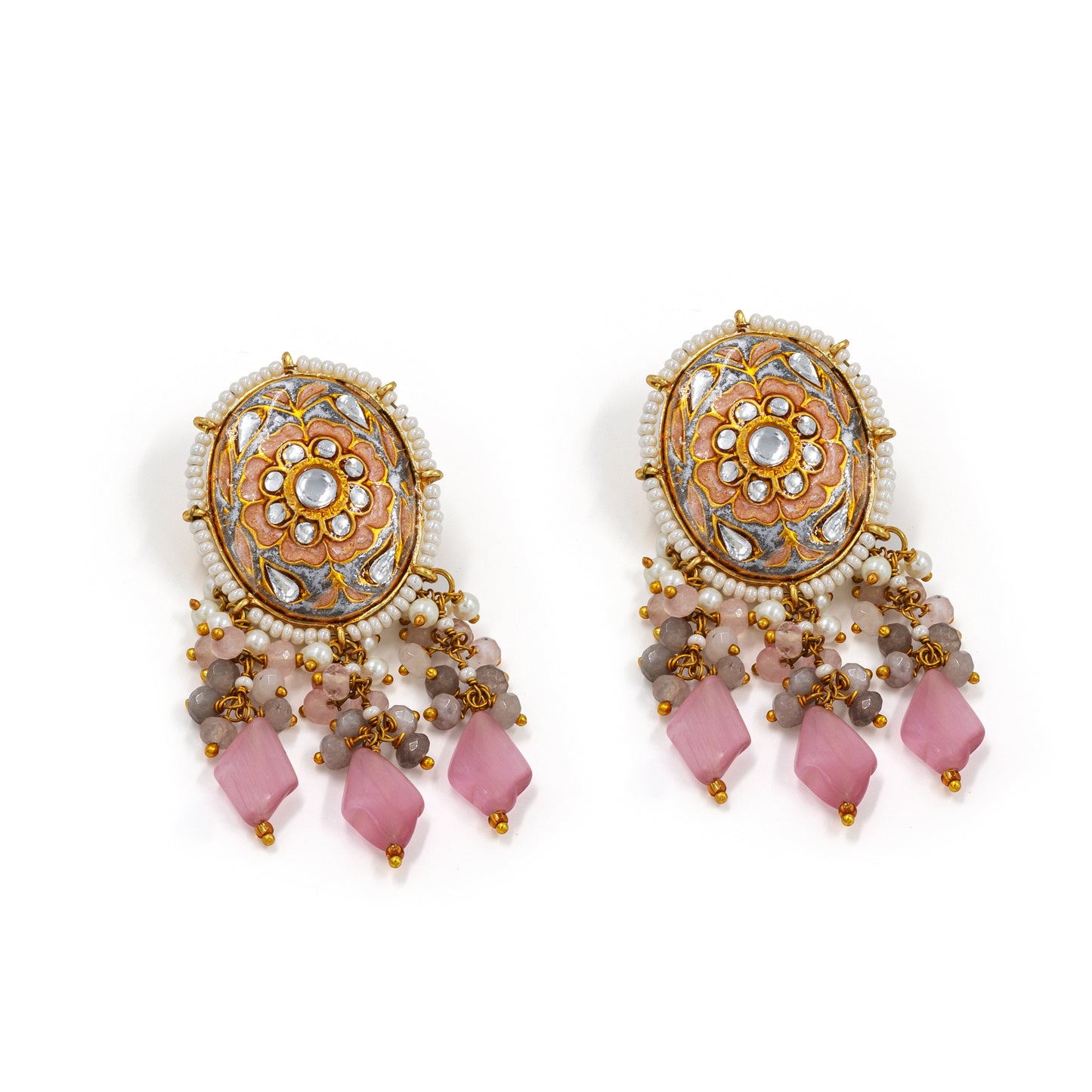 Grey-Pink Meenakari Polki Choker Set – Multi-Strand Beads