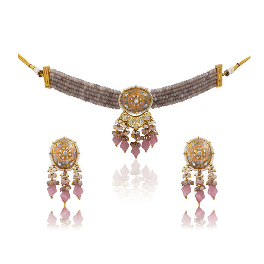 Grey-Pink Meenakari Polki Choker Set – Multi-Strand Beads