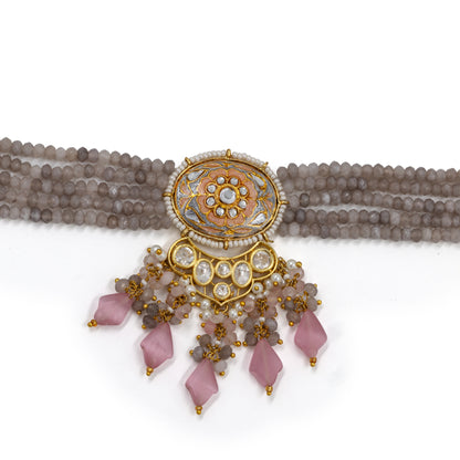 Grey-Pink Meenakari Polki Choker Set – Multi-Strand Beads