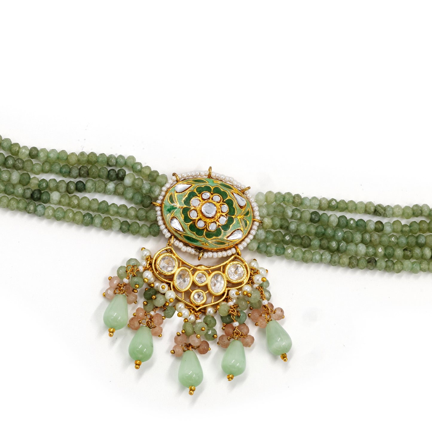 Olive Green Meenakari Polki Choker Set – Kundan & Beaded Tassels