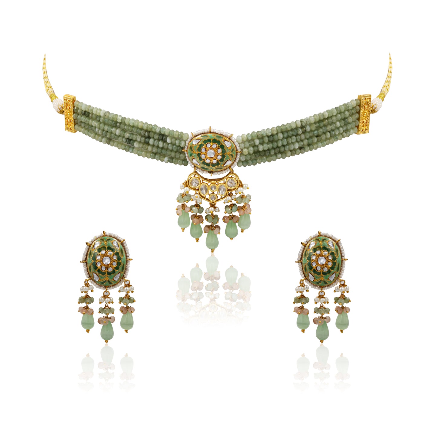 Olive Green Meenakari Polki Choker Set – Kundan & Beaded Tassels