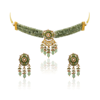 Olive Green Meenakari Polki Choker Set – Kundan & Beaded Tassels