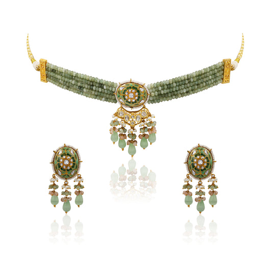 Olive Green Meenakari Polki Choker Set – Kundan & Beaded Tassels