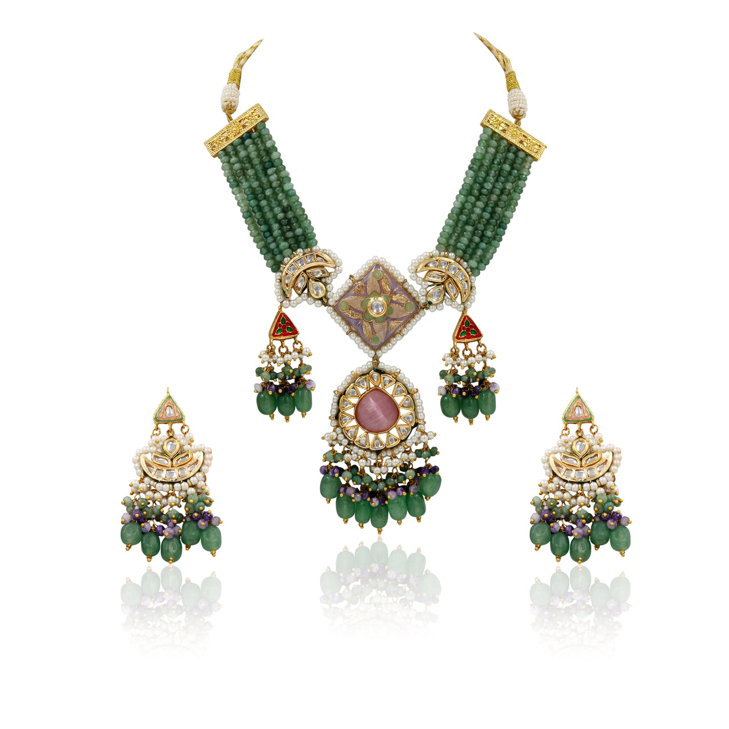 Emerald Green Meenakari Polki Necklace Set – Pink Center & Kundan Detailing