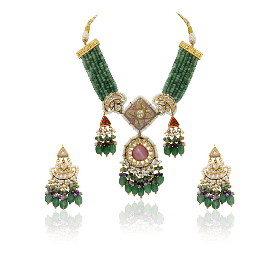 Emerald Green Meenakari Polki Necklace Set – Pink Center & Kundan Detailing