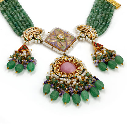 Emerald Green Meenakari Polki Necklace Set – Pink Center & Kundan Detailing