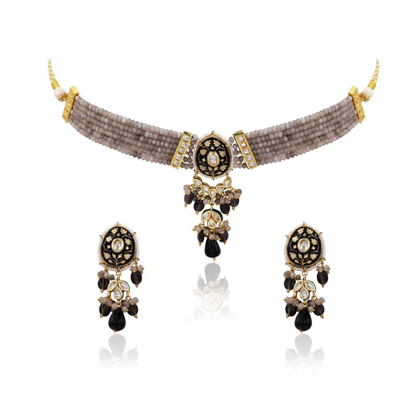 Black Meenakari Kundan Choker Set – Grey Beads & Antique Gold Finish