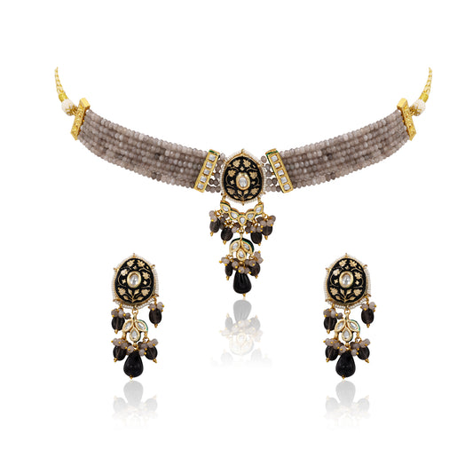 Black Meenakari Kundan Choker Set – Grey Beads & Antique Gold Finish