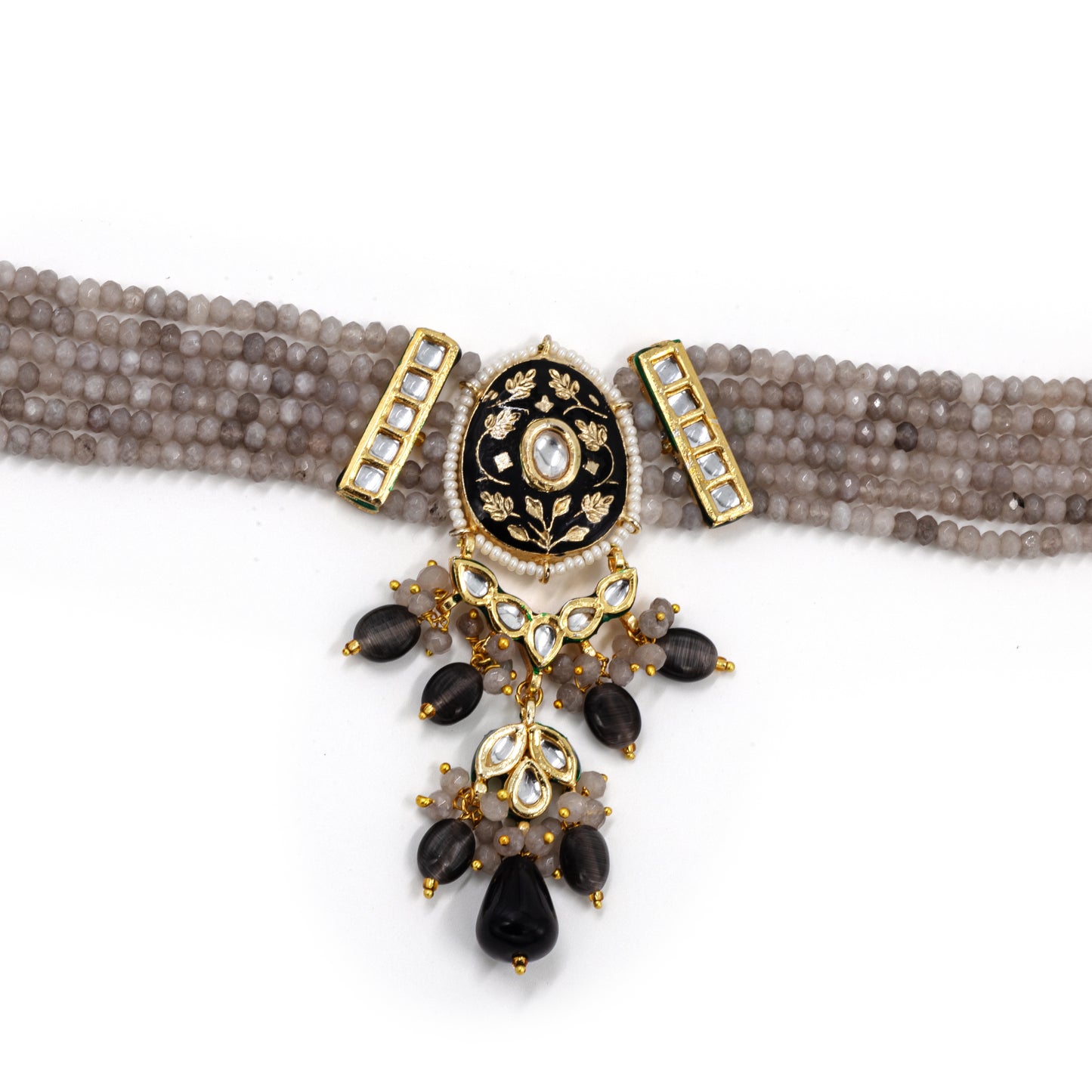 Black Meenakari Kundan Choker Set – Grey Beads & Antique Gold Finish