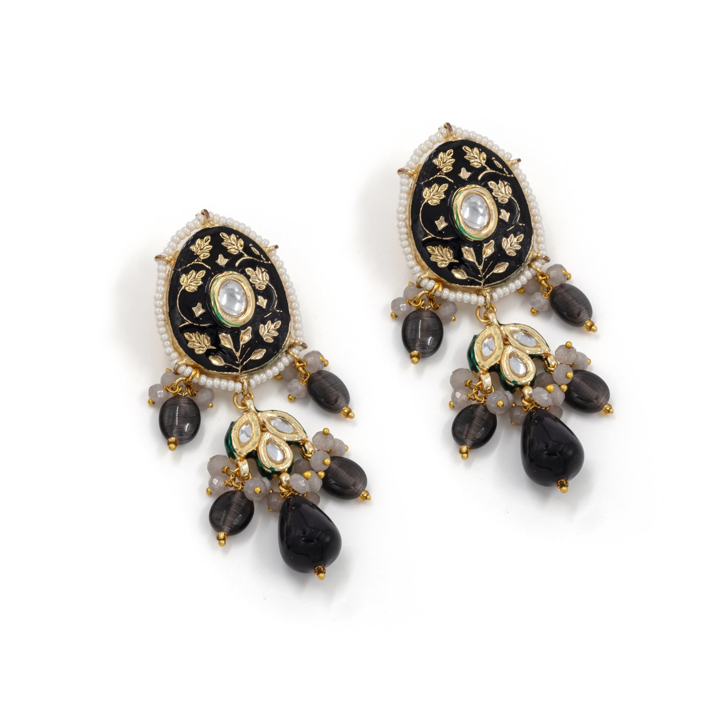 Black Meenakari Kundan Choker Set – Grey Beads & Antique Gold Finish